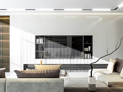 Modern Living Room Interior With Sofa TV Wall Unit And Decorative Bookshelves 3d model