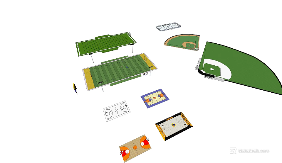 Various Sports Fields Design Layouts With Grass Surfaces And Marked Lines 3d model 