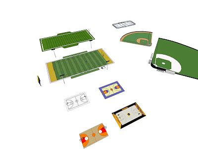 Various Sports Fields Design Layouts With Grass Surfaces And Marked Lines 3d model