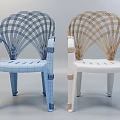 Blue And Gold Woven Armchairs With Fan Shaped Backrest And White Legs