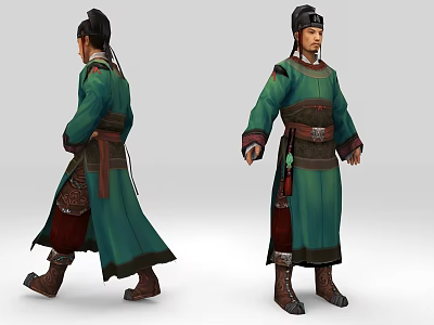 Ancient Chinese Character Figure In Traditional Green Robe With Belt And Leather Boots 3d model