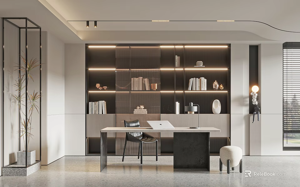 Modern Study Room Interior Design With Desk Bookshelf Lighting And Decorative Items 3d model