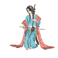 Woman in blue red traditional costume playing elegant musical instrument sitting on wooden chair
