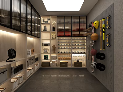 Modern Basement Storage Space With Cabinets Shelves And Sports Equipment 3d model