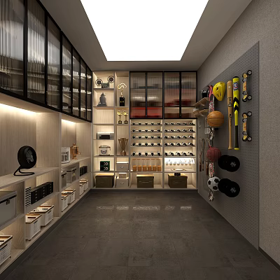 Modern Basement Storage Space With Cabinets Shelves And Sports Equipment 3d model