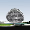 Modern Sales Office Building with Unique Curved Shape and Water Feature in Green Landscape