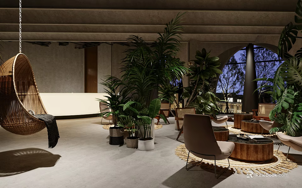Specialty Store Interior With Plants Cozy Seats And Wooden Tables 3d model 