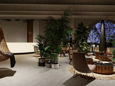 Specialty Store Interior With Plants Cozy Seats And Wooden Tables 3d model