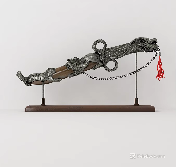 Ornate Decorative Weapon With Intricate Metal Carvings Chain Tassel On Wooden Display Stand 3d model 