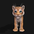3D Model of Baby Tiger With Brown Black Stripes Blue Eyes on Black Background
