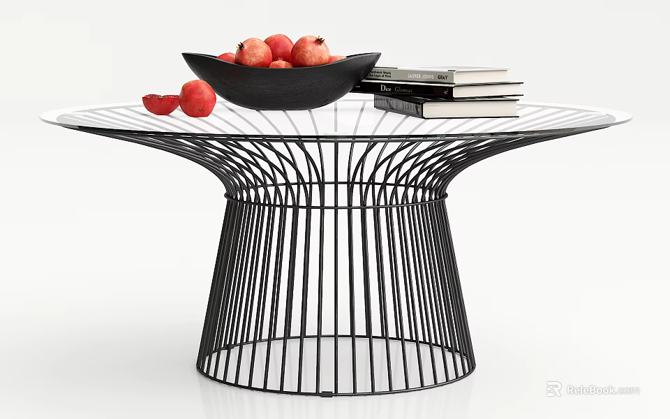 Modern Round Coffee Table With Glass Top Black Metal Frame Fruit Bowl And Books 3d model 