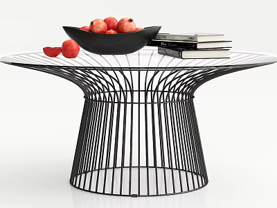 Modern Round Coffee Table With Glass Top Black Metal Frame Fruit Bowl And Books 3d model
