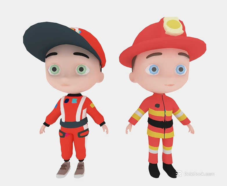 Dolls In Red Uniforms With Firefighter Stripes Black Hats And Yellow Lights 3d model 