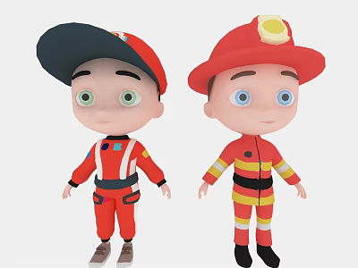 Dolls In Red Uniforms With Firefighter Stripes Black Hats And Yellow Lights 3d model