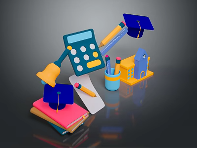 Colorful Stationery Items Featuring Calculator Pencil Books Ruler Desk Lamp And Graduation Caps 3d model