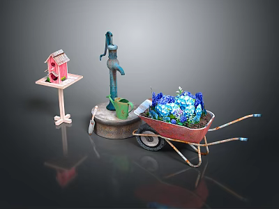 Outdoor Decorative Items With Red Birdhouse Blue Faucet And Wheelbarrow Filled With Flowers 3d model