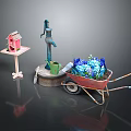 Outdoor Decorative Items With Red Birdhouse Blue Faucet And Wheelbarrow Filled With Flowers