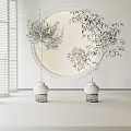 Bonsai Potted Plants in Indoor White Room with Round Mirror Light Ceramic Pots Metal Stands