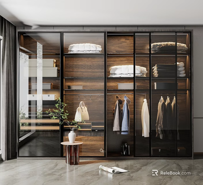 Modern Wooden Wardrobe Interior With Glass Doors Hanging And Folded Areas And Green Plant 3d model 