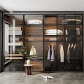 Modern Wooden Wardrobe Interior With Glass Doors Hanging And Folded Areas And Green Plant