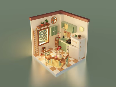Cartoon Style Kitchen Scene With Green Cabinets White Refrigerator Dining Table Chairs Window And Plants 3d model