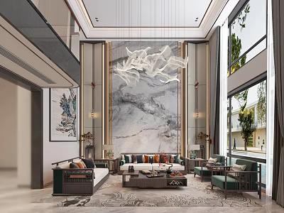 Luxurious Duplex Living Room With Art Wall And Elegant Decor 3d model