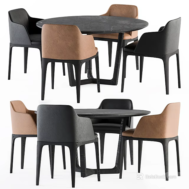 Modern Round Dining Table Set With Black And Brown Upholstered Chairs 3d model