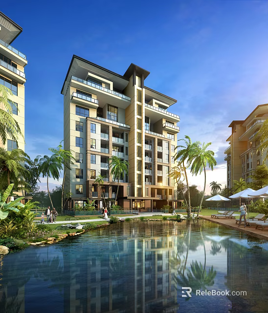 Modern High Rise Apartment Building With Palm Trees Swimming Pool And Leisure Area 3d model 