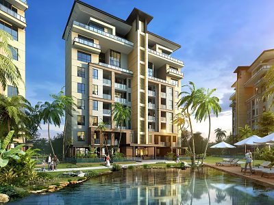 Modern High Rise Apartment Building With Palm Trees Swimming Pool And Leisure Area 3d model