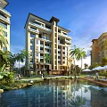 Modern High Rise Apartment Building With Palm Trees Swimming Pool And Leisure Area