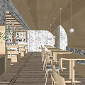 Bubble Tea Shop Interior Design With Wooden Counter Tables Chairs And Hanging Lamps