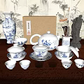 Traditional Blue and White Porcelain Tea Set with Teapot Cups Bowls Saucers and Classical Decorations