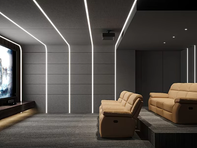 Modern Home Theater Room Interior With Projector Gray Walls White LED Lights And Brown Sofas 3d model