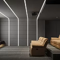 Modern Home Theater Room Interior With Projector Gray Walls White LED Lights And Brown Sofas