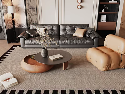 Modern Black Leather Sofa and Round Coffee Table Set with Beige Armchair and Decorative Rug 3d model