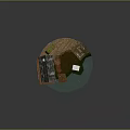 Modern Miniature Scene Featuring Wooden Cabin Gazebo Staircase Small Shed and Green Lawn