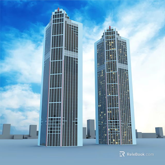 Modern Tall Office Buildings With Glass Facade And City Skyline Under Blue Sky 3d model 