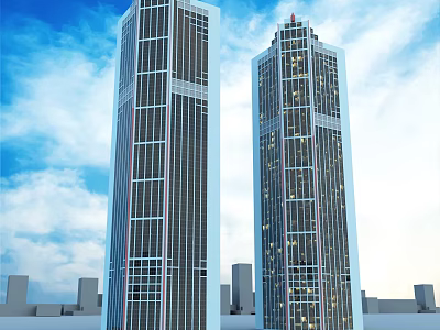 Modern Tall Office Buildings With Glass Facade And City Skyline Under Blue Sky 3d model