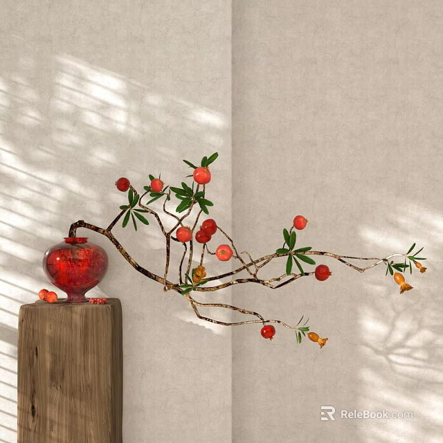 Red Vase With Red Berries Green Leaves Yellow Flowers On Wooden Stand Under Natural Light 3d model 