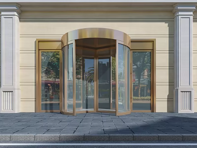 Golden Glass Revolving Door On Cream Colored Building Facade With Stone Pavement 3d model