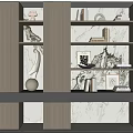 Modern Wooden Decorative Cabinet With Layered Shelves Ambient Lighting Marble Backdrop And Decorative Items