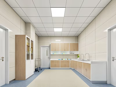 Medical Examination Room Interior With White Walls Cabinets Countertops Faucets And Ceiling Lights 3d model