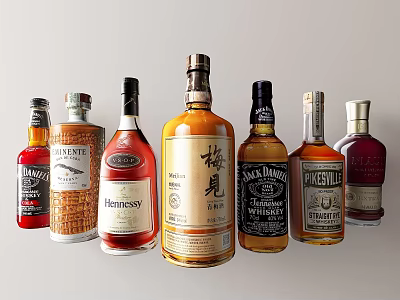 Display of Various Branded Liquor Bottles Featuring Hennessy Jack Daniels and Other Labels Arranged 3d model