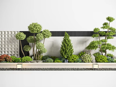 Modern Garden Landscape Design With Trimmed Trees Geometric Wall And Decorative Lights 3d model