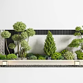 Modern Garden Landscape Design With Trimmed Trees Geometric Wall And Decorative Lights