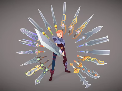 Various Fantasy Weapons With Different Designs Surrounding Character Holding Large Sword 3d model