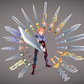 Various Fantasy Weapons With Different Designs Surrounding Character Holding Large Sword