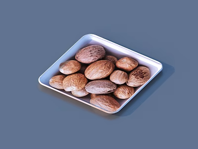 Whole Nutmeg Nuts Arranged in Silver Square Tray on Blue Background 3d model