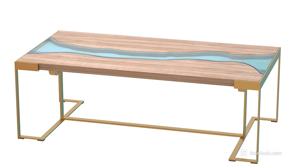 Modern Coffee Table With Wooden Tabletop Blue Wavy Design And Gold Metal Legs 3d model 
