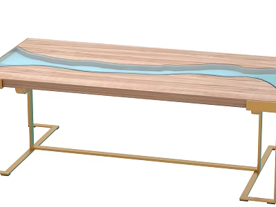 Modern Coffee Table With Wooden Tabletop Blue Wavy Design And Gold Metal Legs 3d model